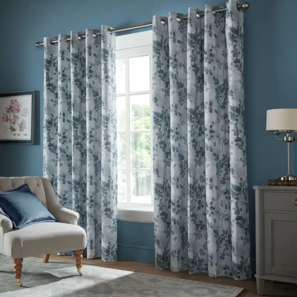 Laura Ashley Millhayes Smoke Blue Leaf Eyelet Blackout Curtains - Last Chance