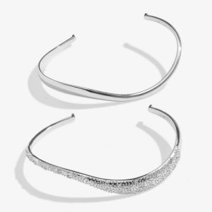 Joma Jewellery Bracelet Bar Wavy Pave Bangle Set Silver Plated Set Of 2 Bangles