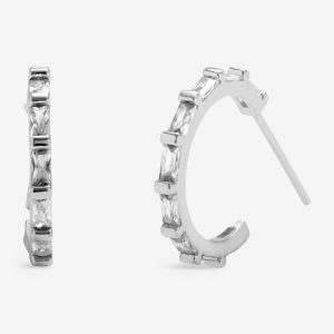 Loved By You Baguette Cubic Zirconia Hoop Earrings In Silver Plating