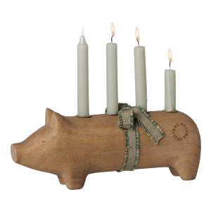 Maileg Wooden candle holder, Pig, Advent medium - Nature