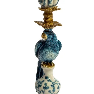 Antiqued Ornate Blue/White Parrot Candle Holder - Left
