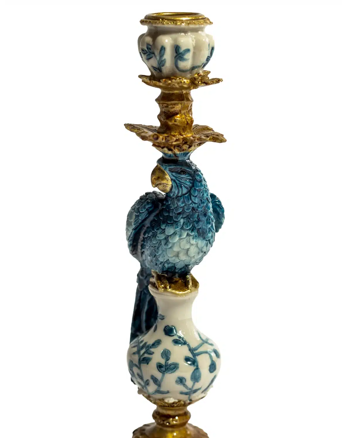 Antiqued Ornate Blue/White Parrot Candle Holder - Left