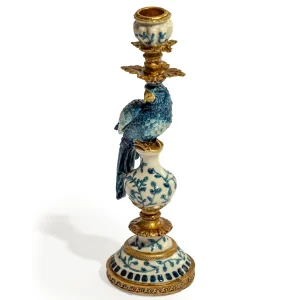 Antiqued Ornate Blue/White Parrot Candle Holder - Left