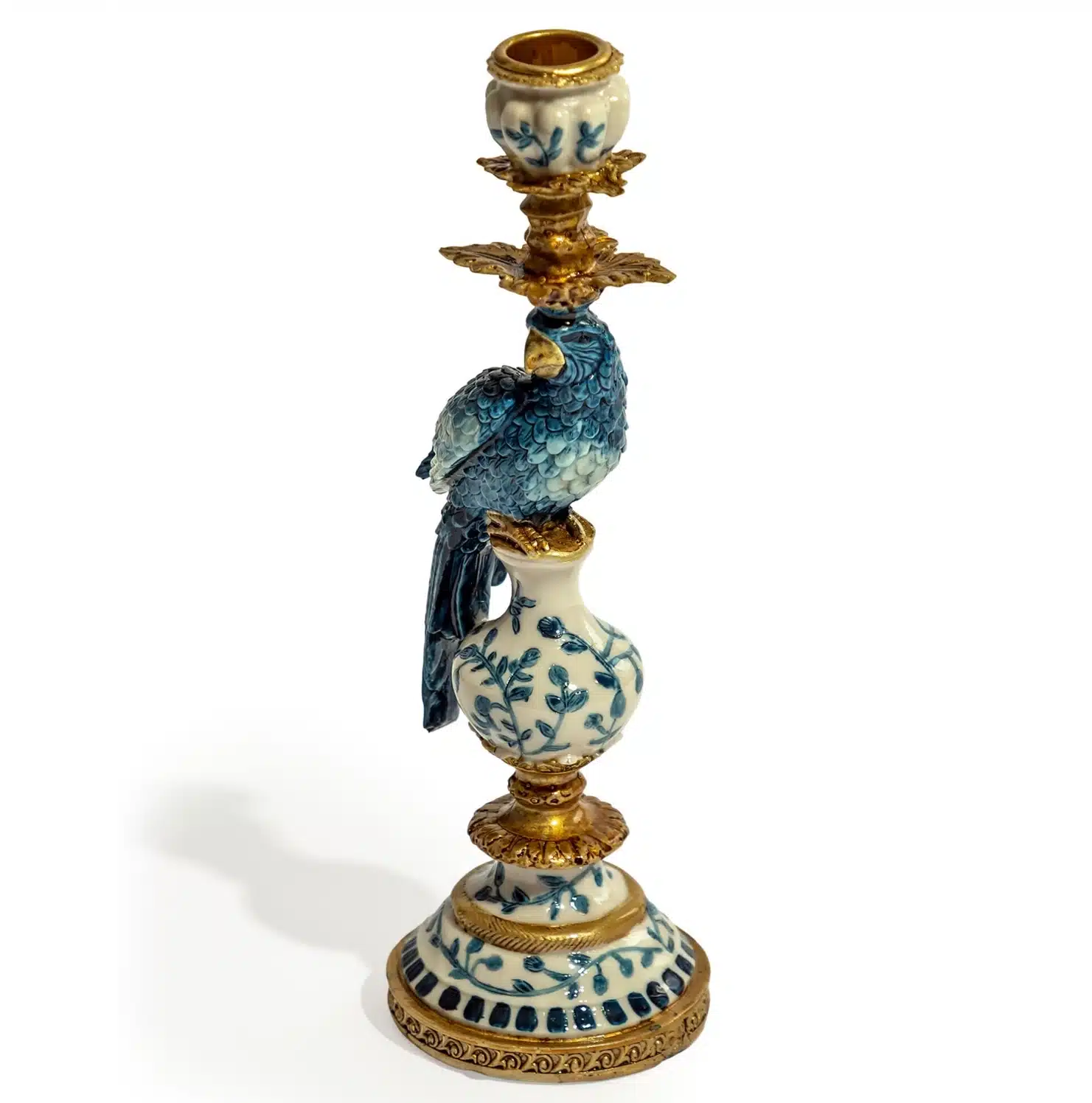 Antiqued Ornate Blue/White Parrot Candle Holder - Left