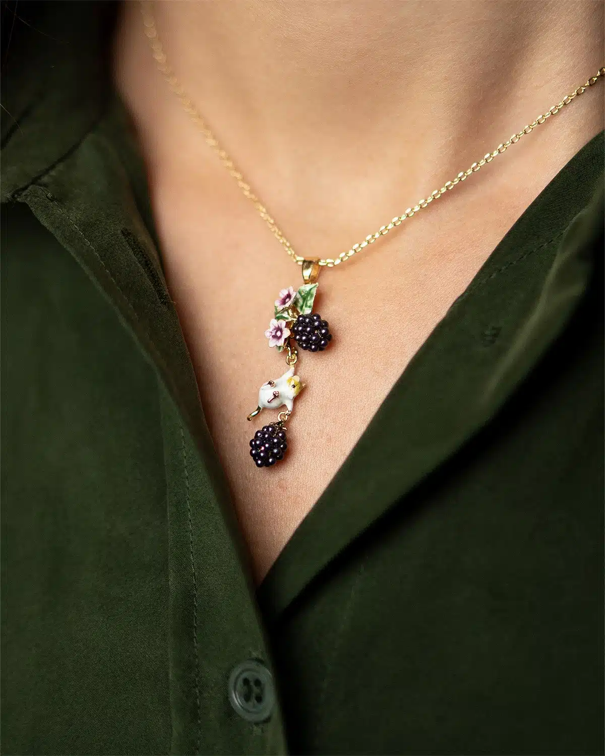Blackberry & Mouse Drop Pendant Necklace