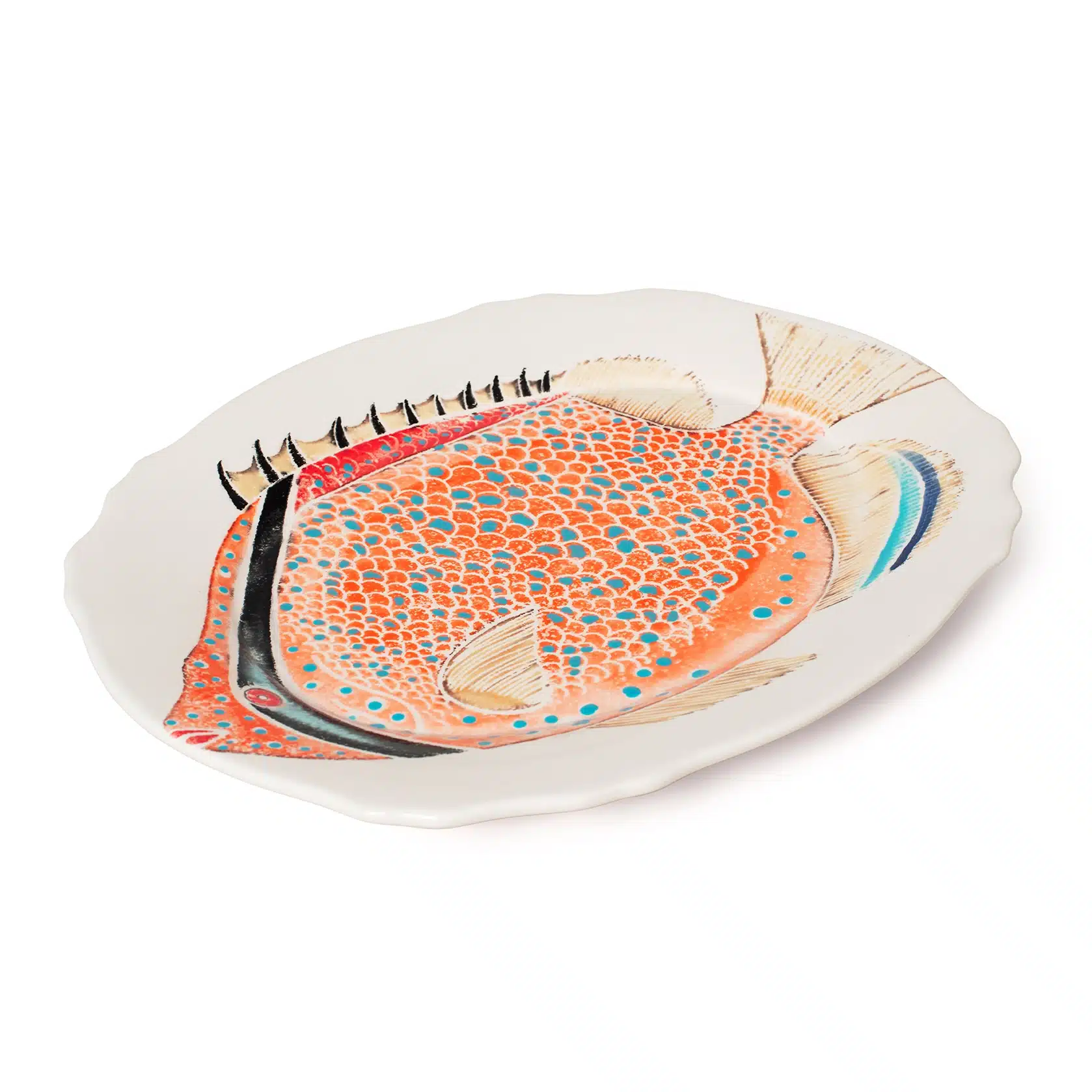 Bold, ornate, and brimming with character, the Douwing Princess platter mixes marine fantasy with the elegance of Rococo design. Inspired by the wild imagination of Louis Renard’s Fantastical Fish and the extravagance of 18th-century art, this hand-decorated Italian platter is a statement piece for the modern table or wall Material: Earthenware Size: L33.5 x W40.5 x H4.5cms Care: Hand wash only Each piece may have slight variations in design due to the production process.