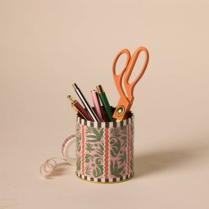 a-dopo-jungle-storage-tin in use as desk tidy with scissors and pens