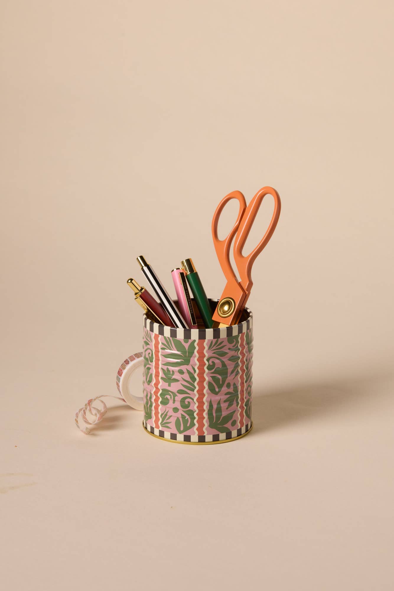 a-dopo-jungle-storage-tin in use as desk tidy with scissors and pens